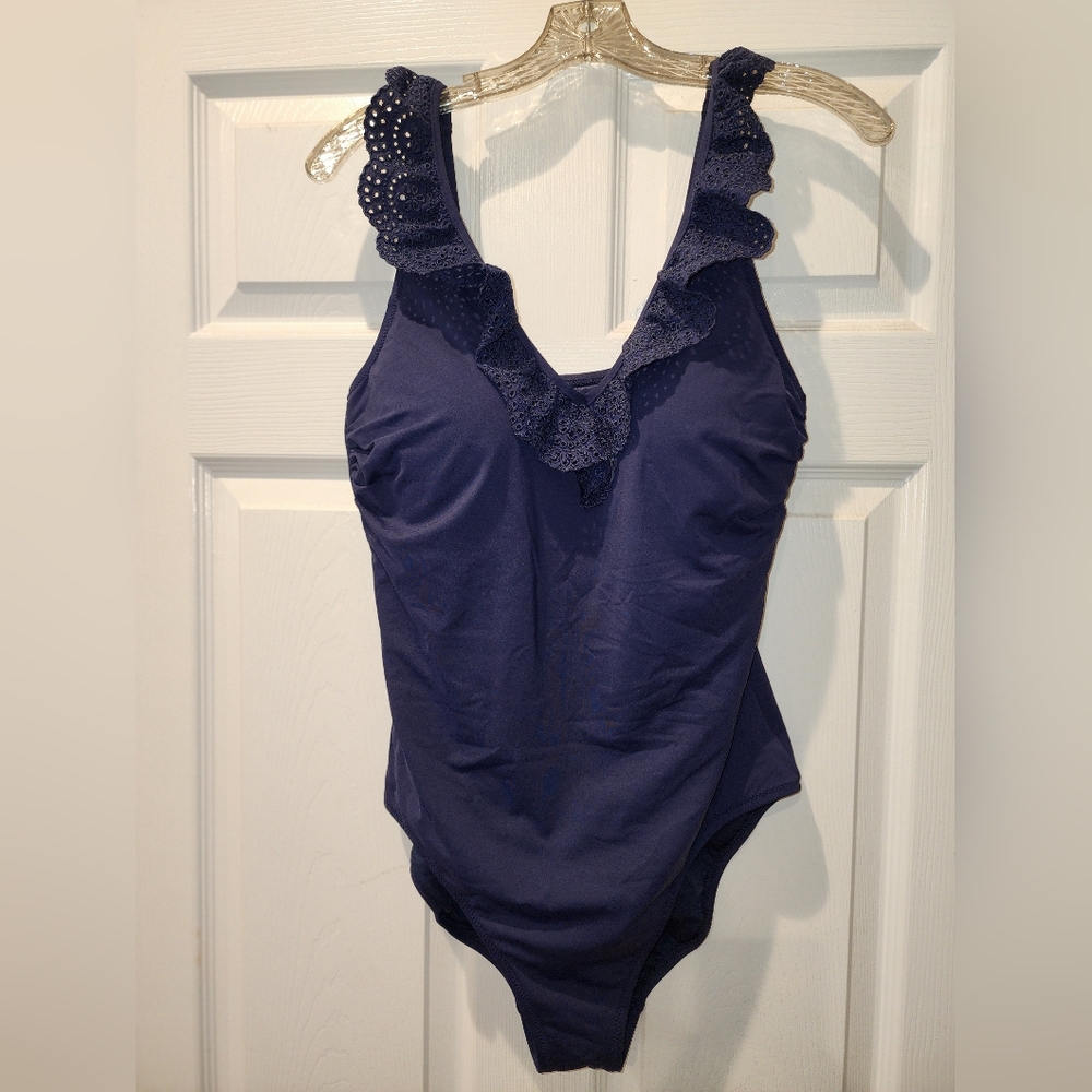 Draper James Lands End Ruffle V-neck Swimsuit Size 12 Navy